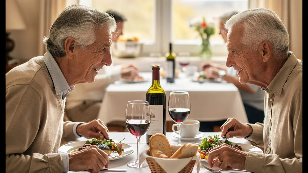Couple de seniors partageant un repas convivial en résidence