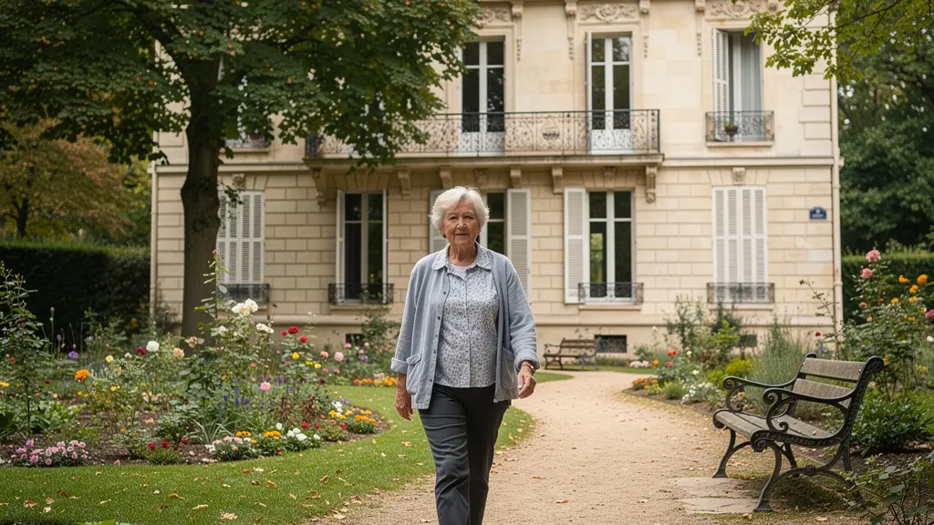 Jardin paysager d'une résidence senior avec allées accessibles