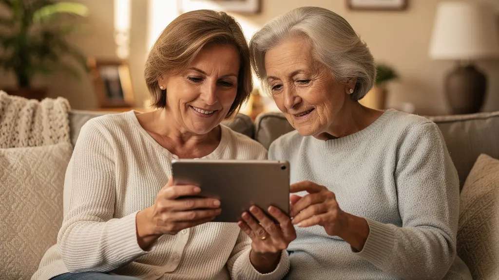 Femme accompagnant sa mère âgée pour préparer une visite de résidence