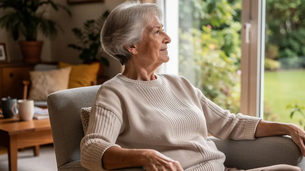 Femme senior sereine dans salon moderne résidence Châtellerault